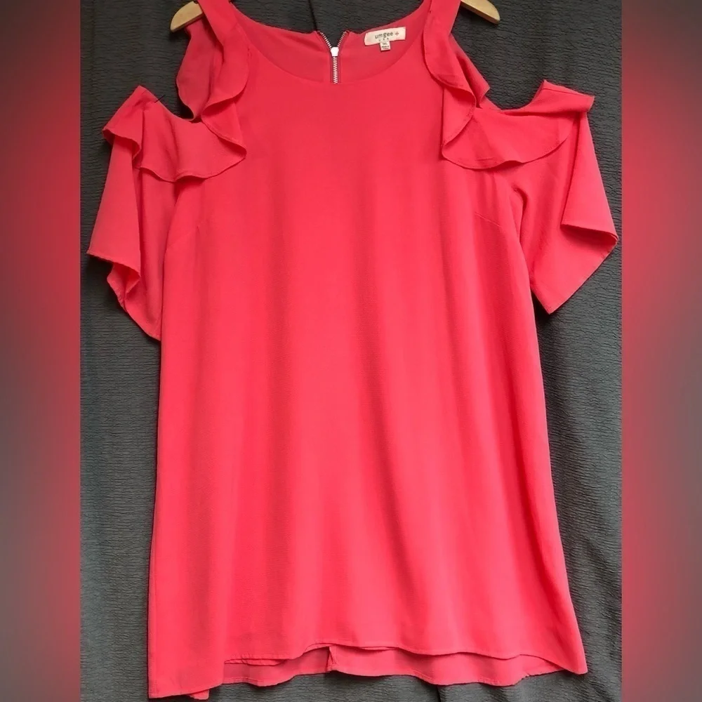 Umgee 1XL coral pink cold shoulder dress with bell sleeves zipper back